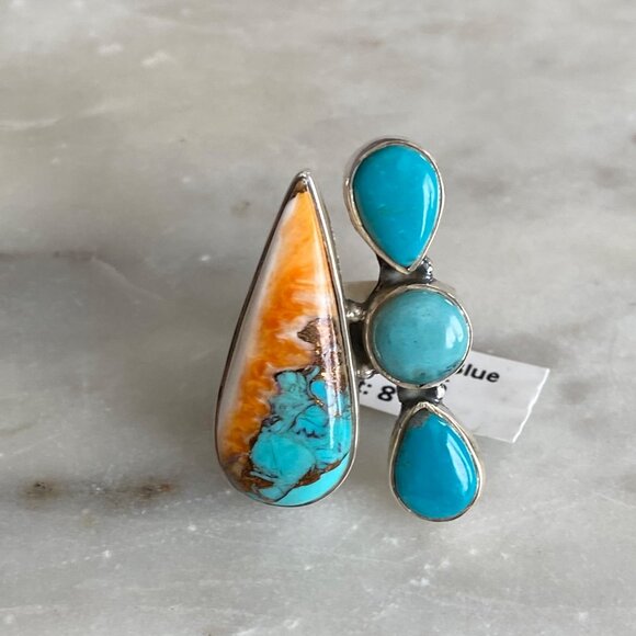 NEW Mojave Turquoise and Spiney Oyster Sterling Silver Cluster Ring Size 6.5 - Picture 1 of 5
